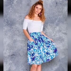 Blackmilk It's A Trap Yoke Midi Blue Floral Women's Skirt